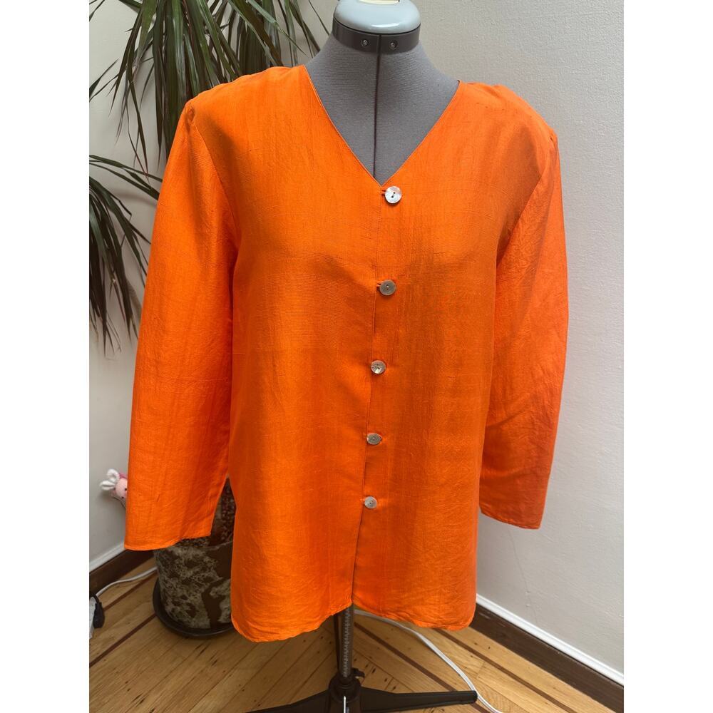 Worthington Vintage 100% Raw Silk Button Front Blouse Orange XL